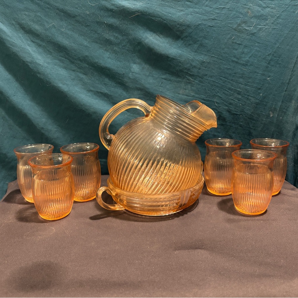 Hazel Atlas Fine Rib Pink Tumblers and Ball Pitcher with Base Depression Glass